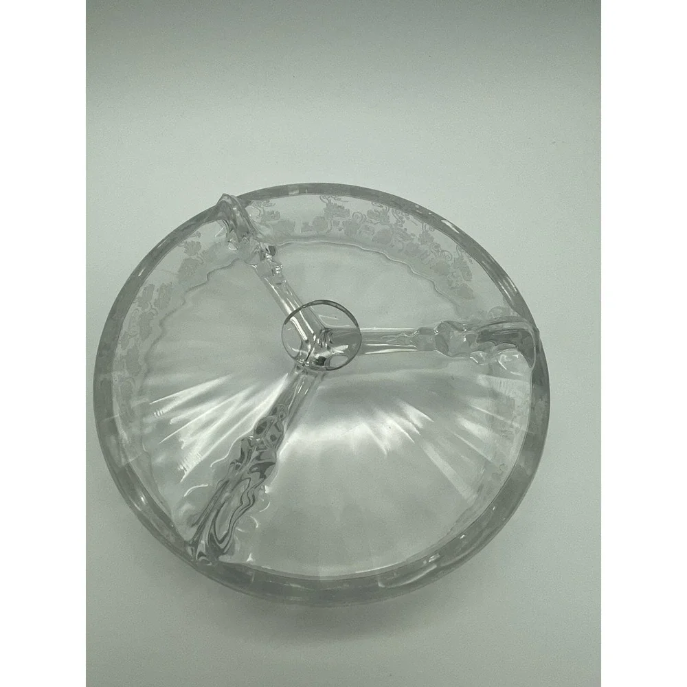Vintage Depression Fostoria Glass 3 Part Divided Candy Dish Etched Grapes & Vine